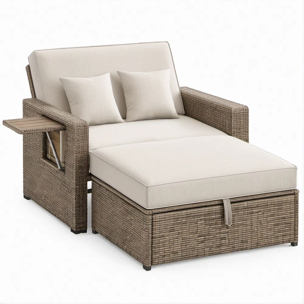 Ausziehbarer Loungesessel aus PE-Rattan in Beige/Taupe mit Fussteil und Seitenablage, 82 × 90 × 86 cm