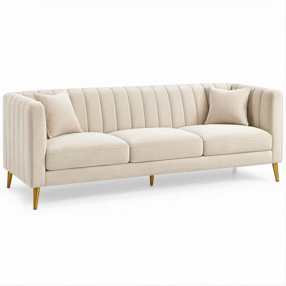 3-Sitzer-Sofa aus Polyester-Samt in Creme/Gold, 220 x 90 x 78 cm