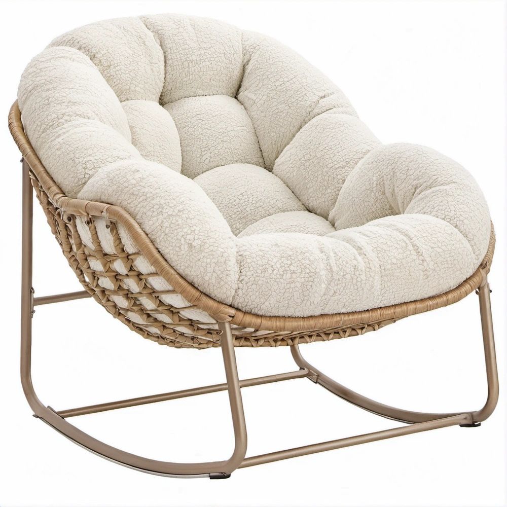 Schaukelsessel Creme mit Bouclé-Bezug, Rattangeflecht und Stahlgestell, 100 x 82 x 93 cm