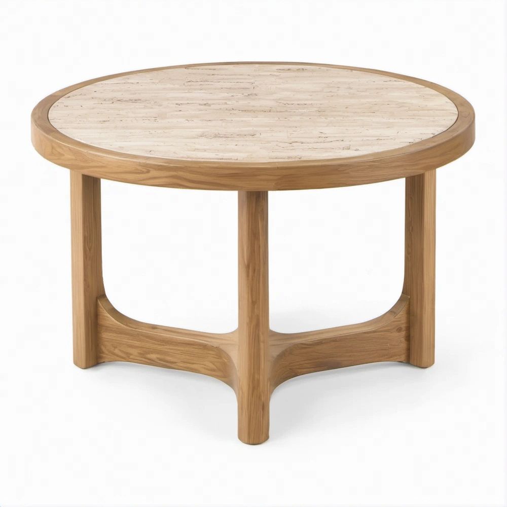 Runder Beistelltisch aus Teakholz und Travertin, Naturbraun/Beige, Ø 80 x 45 cm