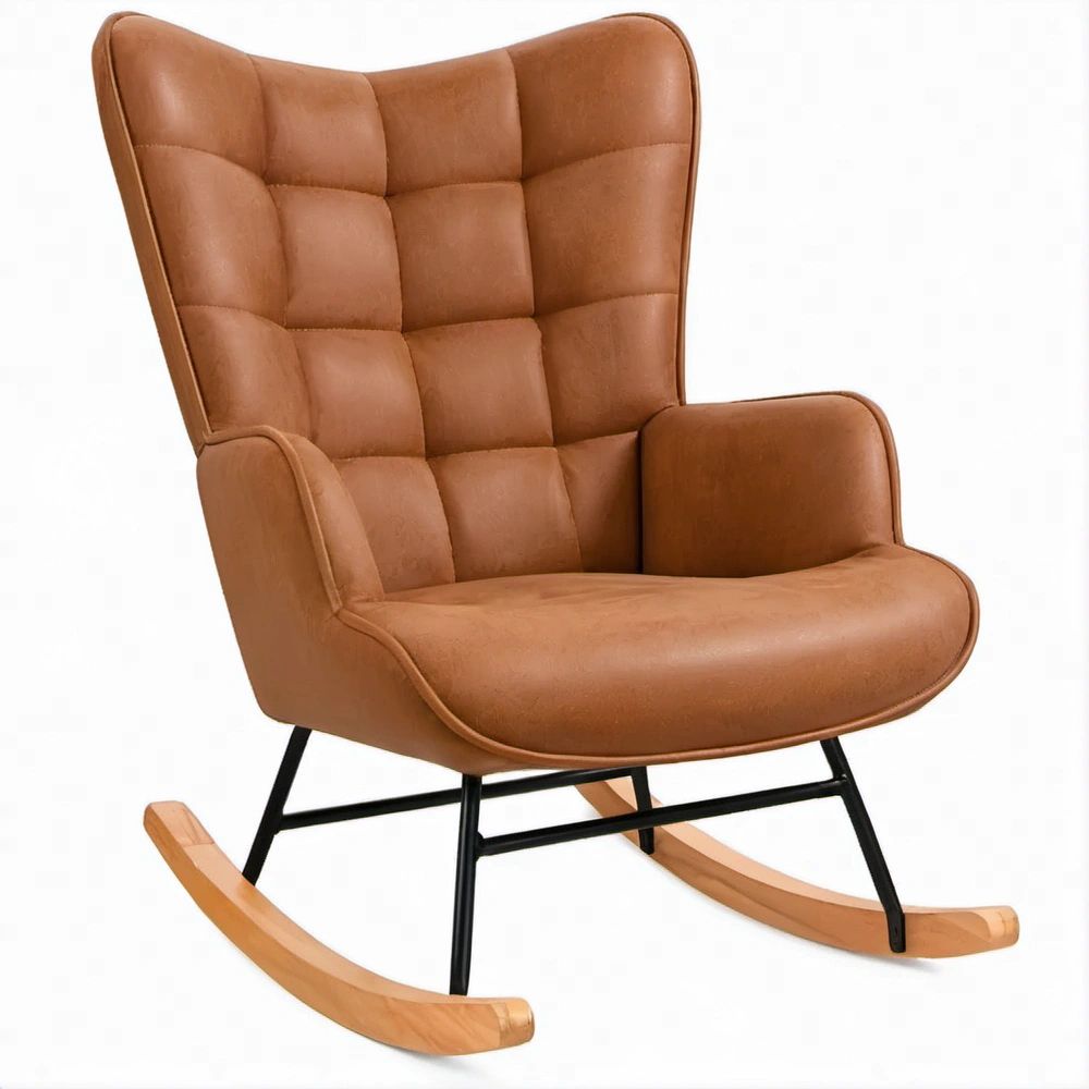 Schaukelstuhl Braun/Schwarz/Natur aus PU-Kunstleder und Buchenholz, 68 x 95 x 103 cm