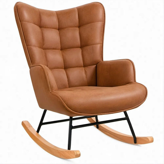 Schaukelstuhl Braun/Schwarz/Natur aus PU-Kunstleder und Buchenholz, 68 x 95 x 103 cm