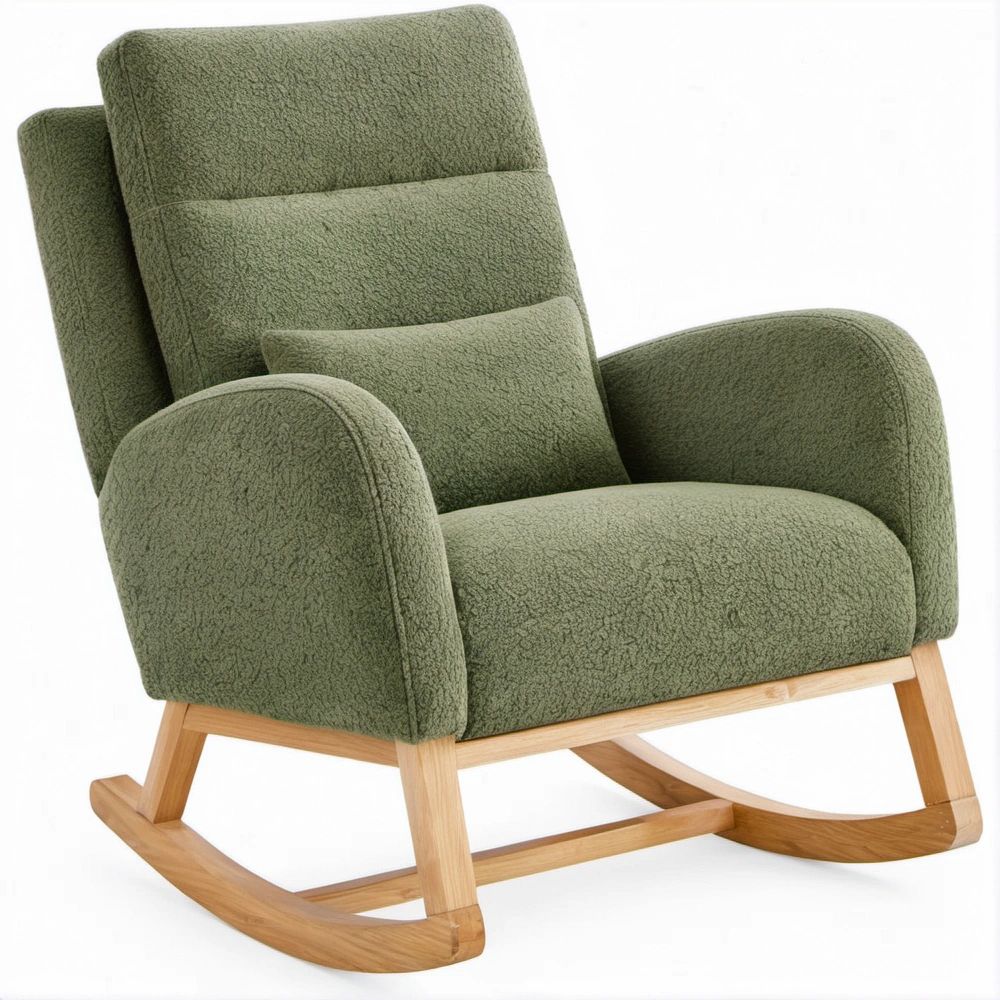 Schaukelstuhl mit hoher Rückenlehne, Olivgrün, Bouclé-Polyester, 100 x 76 x 92 cm