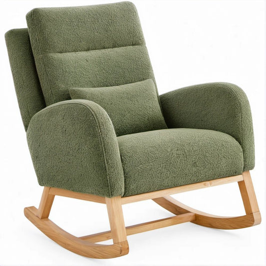 Schaukelstuhl mit hoher Rückenlehne, Olivgrün, Bouclé-Polyester, 100 x 76 x 92 cm