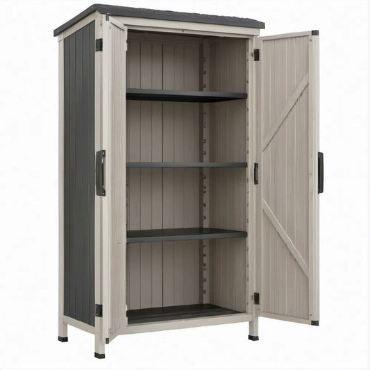 Gartenschrank aus Kunststoff mit 2 Türen, 3 Einlegeböden, Grau/Schwarz, 80 x 44 x 182 cm