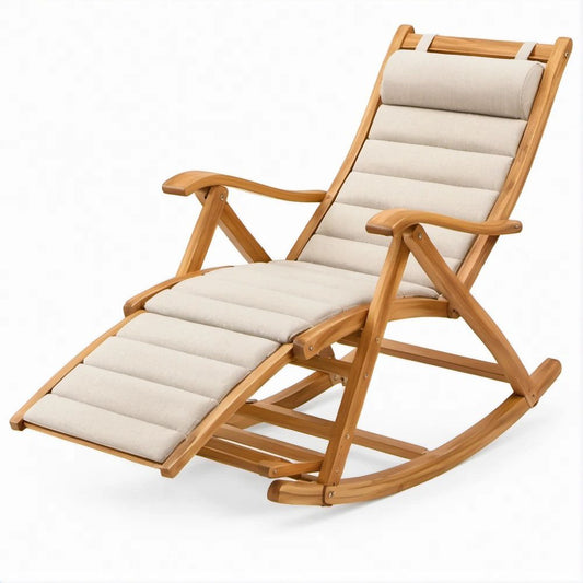 Verstellbarer Schaukelstuhl aus Akazien-Massivholz mit Fussauflage, Naturbraun/Creme, 67 x 120 x 95 cm