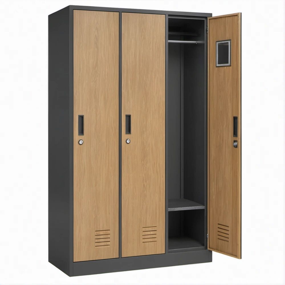 Dreitüriger Garderobenschrank aus Stahl, Anthrazit und Eichenoptik, 90 x 45 x 180 cm