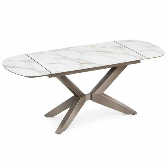Ausziehbarer ovaler Esstisch in Weiss Marmoroptik und Taupe, 160–200 x 90 x 76 cm