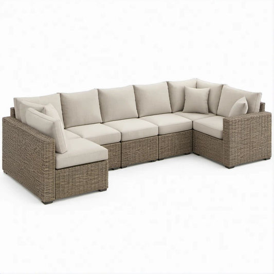 Modulares Ecksofa in L-Form für 6 Personen, Beige/Braun, 280 x 210 x 85 cm