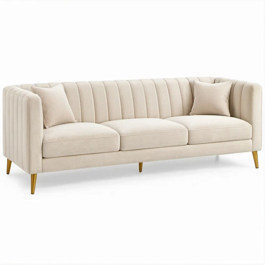 3-Sitzer-Sofa aus Polyester-Samt in Creme/Gold, 220 x 90 x 78 cm