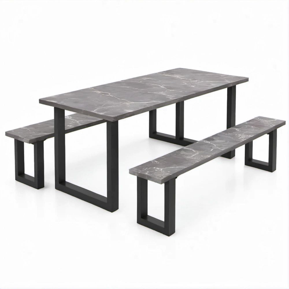 Esstisch-Set in Grau Marmoroptik und Schwarz, 180 x 80 x 75 cm, mit 2 Bänken