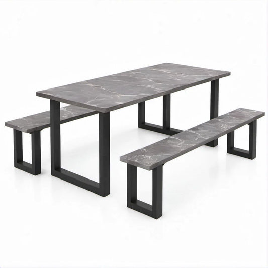 Esstisch-Set in Grau Marmoroptik und Schwarz, 180 x 80 x 75 cm, mit 2 Bänken