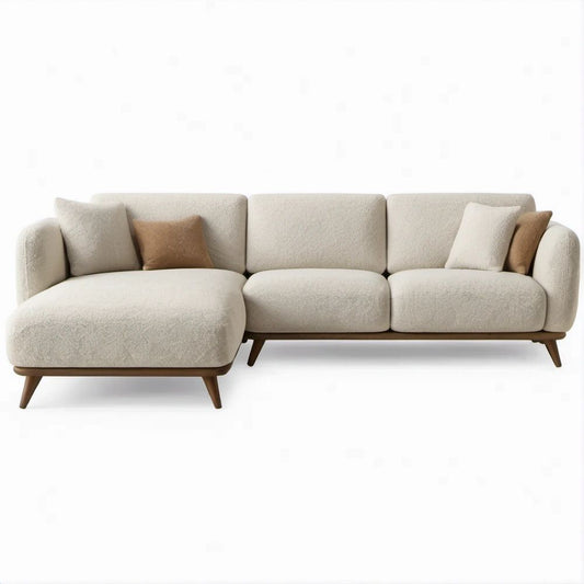Ecksofa mit linker Recamiere, Bouclé-Bezug in Creme, 286 × 160 × 83 cm