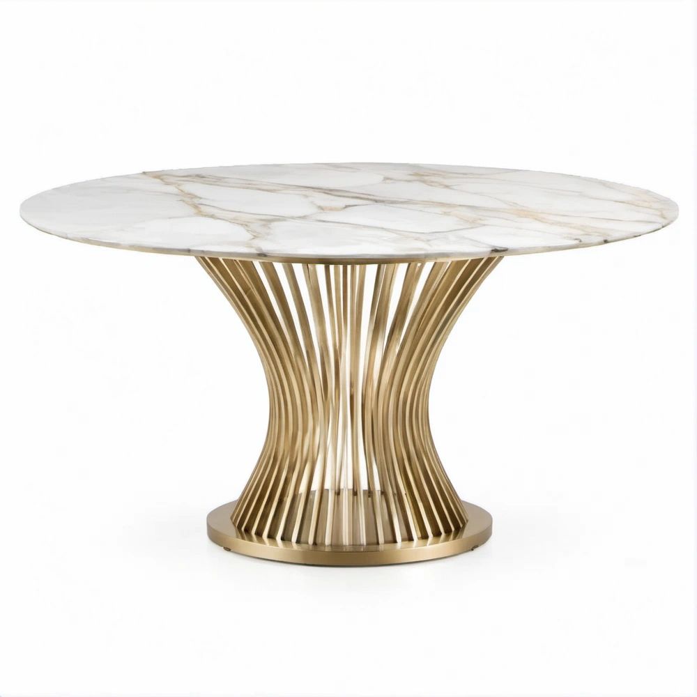 Runder Esstisch Ø 120 x 76 cm aus Sinterstein in Weiss/Gold