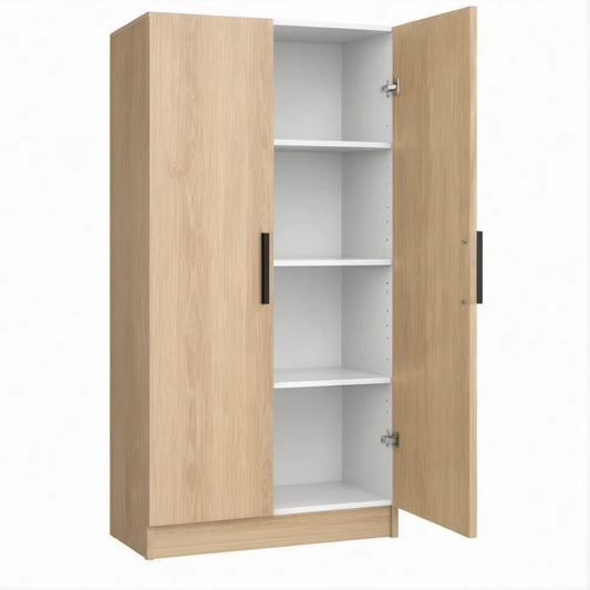 Mehrzweckschrank mit 2 Türen, 3 verstellbaren Einlegeböden, Natur-Eiche/Weiss, 80 x 40 x 180 cm