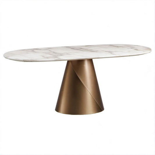 Ovaler Esstisch Weiss/Bronze aus Sinterstein und Edelstahl, 180 x 90 x 75 cm