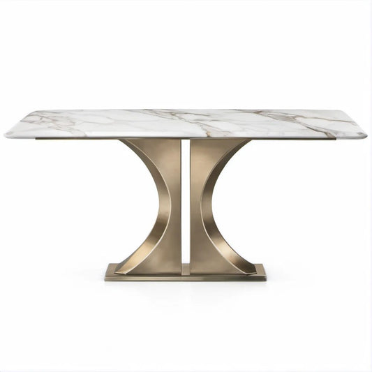 Rechteckiger Esstisch 180 x 90 x 75 cm, Weiss/Grau/Gold, Keramik und Edelstahl