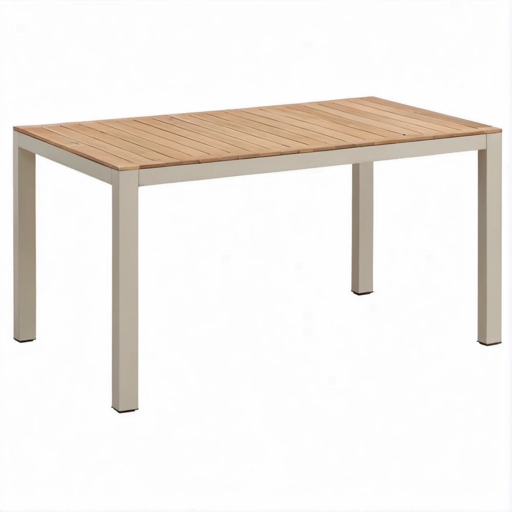 Rechteckiger Esstisch Beige/Natur aus Akazienholz und Aluminium, 150 x 90 x 75 cm