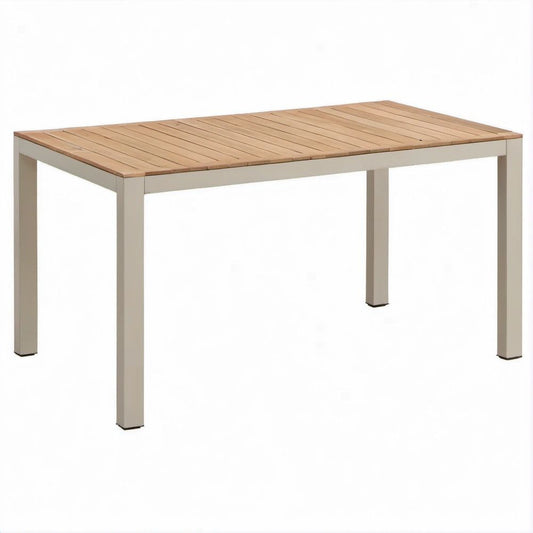 Rechteckiger Esstisch Beige/Natur aus Akazienholz und Aluminium, 150 x 90 x 75 cm