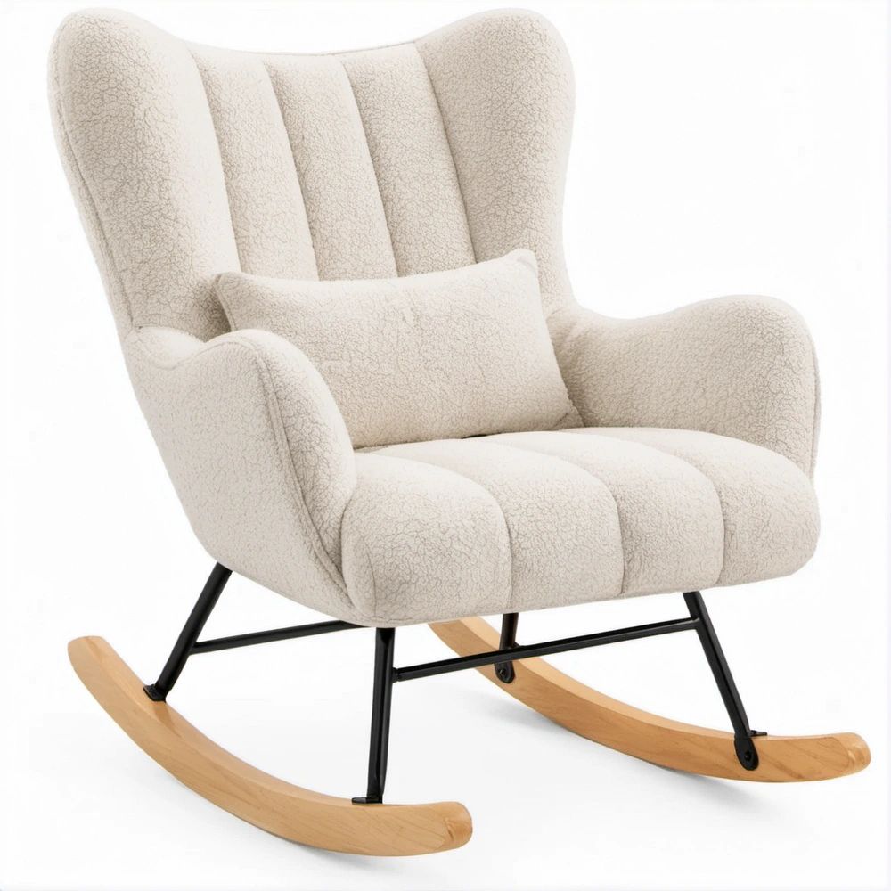 Gepolsterter Schaukelstuhl mit hoher Ohrenrückenlehne, Creme, Polyester-Bouclé, Stahl und Buchenholz, 70 x 95 x 100 cm