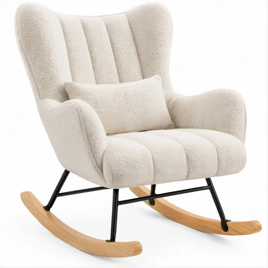 Gepolsterter Schaukelstuhl mit hoher Ohrenrückenlehne, Creme, Polyester-Bouclé, Stahl und Buchenholz, 70 x 95 x 100 cm